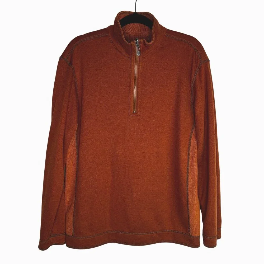 Tommy Bahama Mens SzM Reversible 1/2 Zip Orange Sweater Fall Photos Family Photo